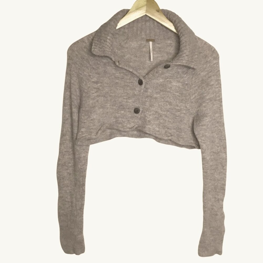 FREE PEOPLE Alpaca Blend Cropped Cardigan Beige S/P Button Front Cozy Boho Knit